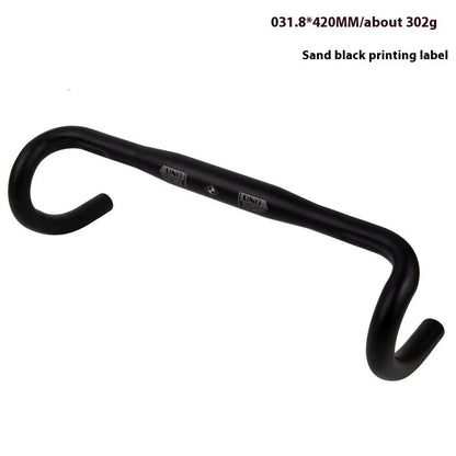 Black aluminium alloy road bike drop handlebar with printed UNO logo showing bend profile