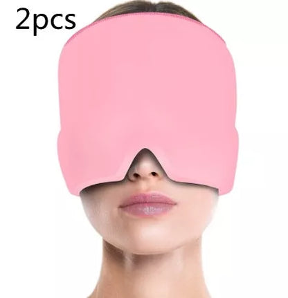 Ice Compress Headache Relief Hat in black and pink, offering 360-degree cold therapy for migraines and stress