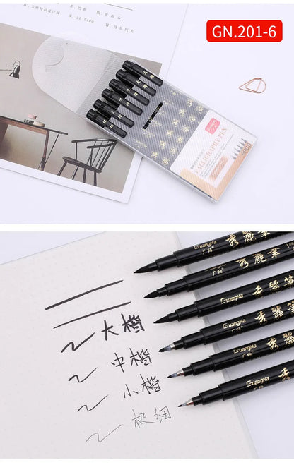 Six-piece soft brush calligraphy pen set in a box with plastic barrel and add-ink design