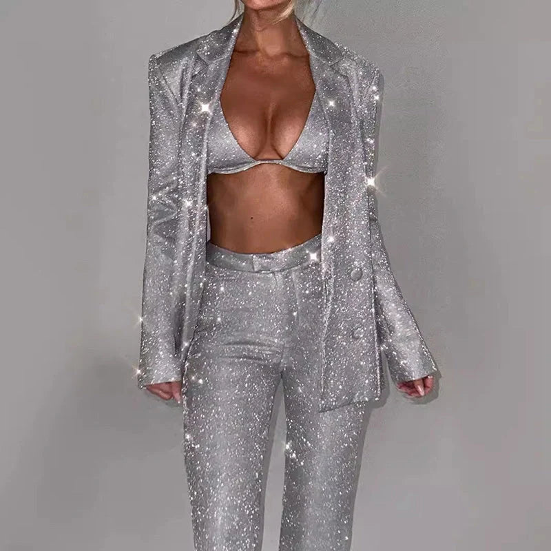 3-piece shiny polyester suit set with bra lapel blazer and straight-leg trousers for women