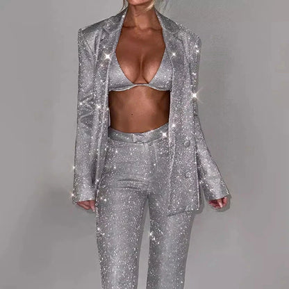 3-piece shiny polyester suit set with bra lapel blazer and straight-leg trousers for women
