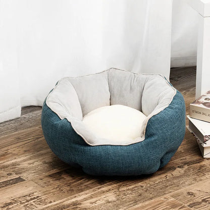 Octagonal fabric pet bed for small dogs and cats with a removable centre mat