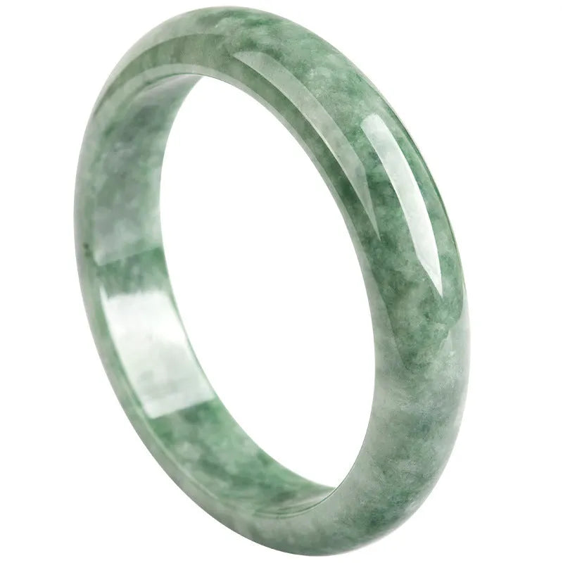 Natural deep pea green jade bracelet on wrist, simple style with certificate and gift box.