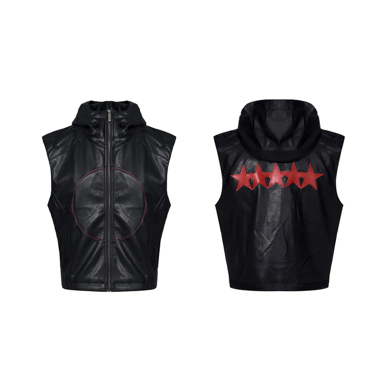 Men's slim fit hooded leather waistcoat coat with a youthful five-pointed star design, made from PU leather for summer wear, available in sizes M L XL in a classic black colour with a non-removable hood.
