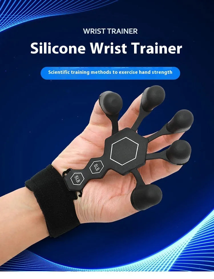 Black and grey silicone 5-finger rehabilitation hand trainer for adult fitness and strength training