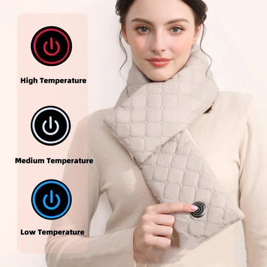 Cozy electric heated scarf with 3 adjustable heat settings for outdoor use in black and beige colors