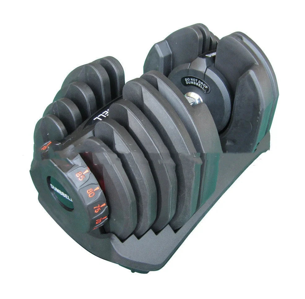 Black automatic adjustable dumbbell with dial weight selector showing 5kg to 25kg range