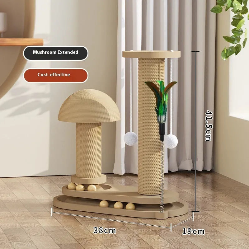 Solid wood cat scratching post with sisal rope and a brown oval turntable on a thick wooden base.