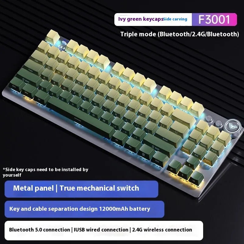 Tarantula tenkeyless wireless mechanical keyboard with side-engraved keycaps on a metal frame, showing ice blue backlighting.
