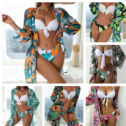 Women's three-piece mesh bikini swimsuit set with coordinating top, pants, and cover-up coat in quick-dry polyester fabric