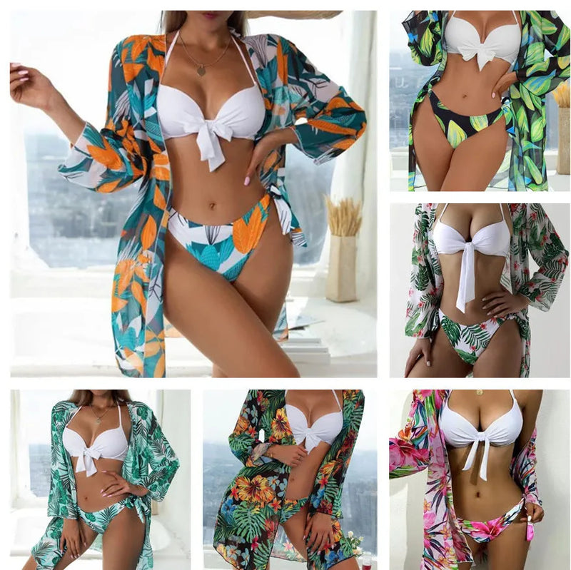 Women's three-piece bikini mesh split swimsuit set with quick-dry polyester fabric, high elasticity, and conservative European-American style, includes top, pants, and cover-up coat for swimming and wading activities