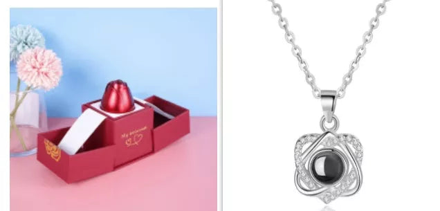 Valentine's Day Metal Rose Jewelry Gift Box Necklace with adjustable crystal necklace and maroon gift box