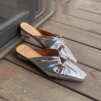 Women's genuine leather half toe cap slippers in gold colour with square head design and low heel