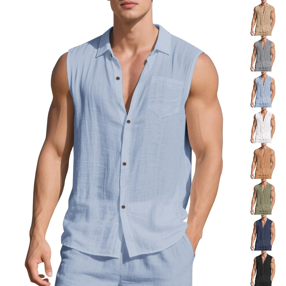 Man's sleeveless linen cardigan vest with a polo collar in a light khaki colour, laid flat.