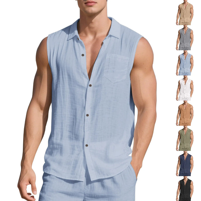 Linen Cardigan Vest with Polo Collar in Solid Colours, Sleeveless Summer Beach Shirt for Men in Loose Fit, Available in Eight Colours Including Army Green and Navy Blue with Sizes S to XXXL