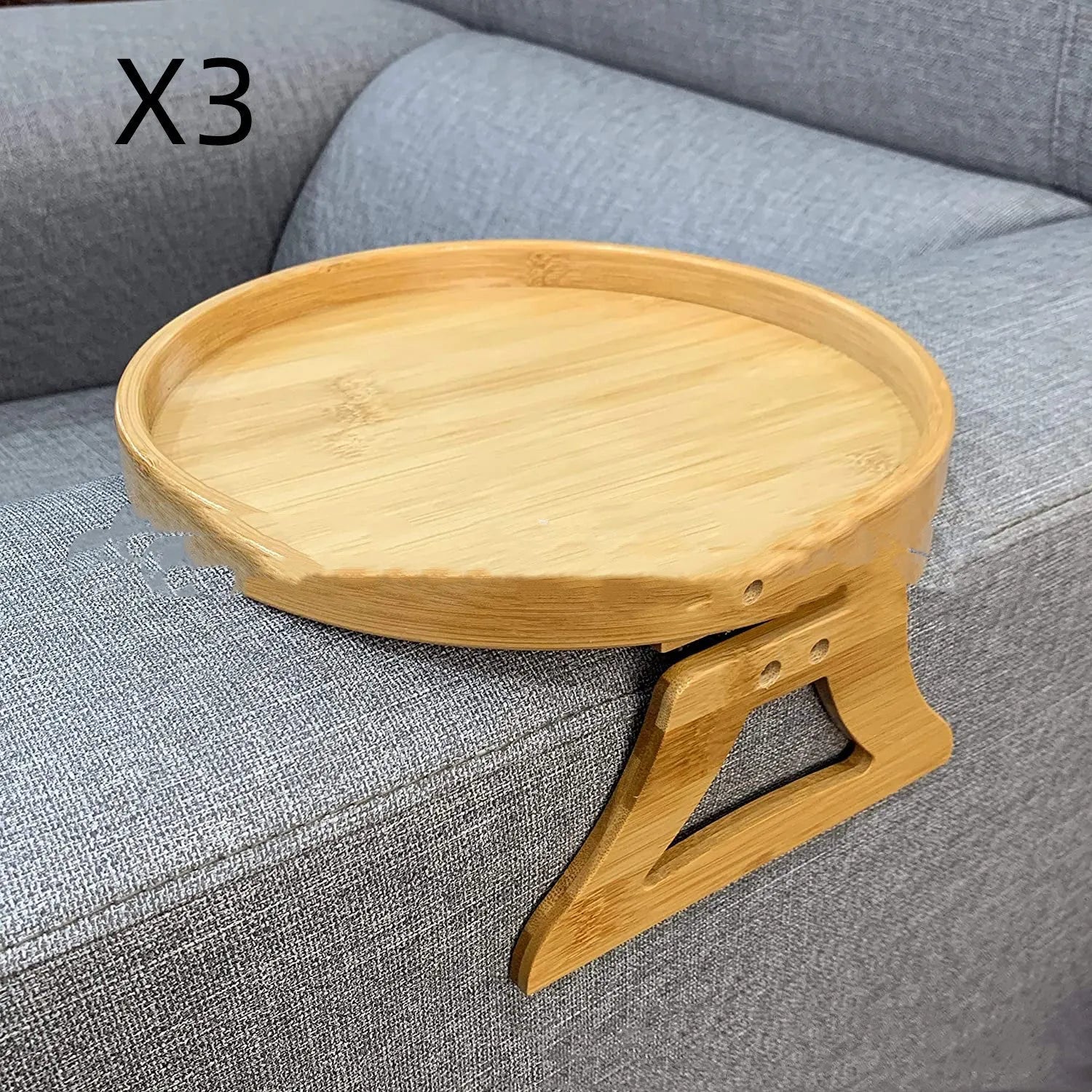 Wooden clip-on sofa tray table with carving design in bamboo colour on armrest