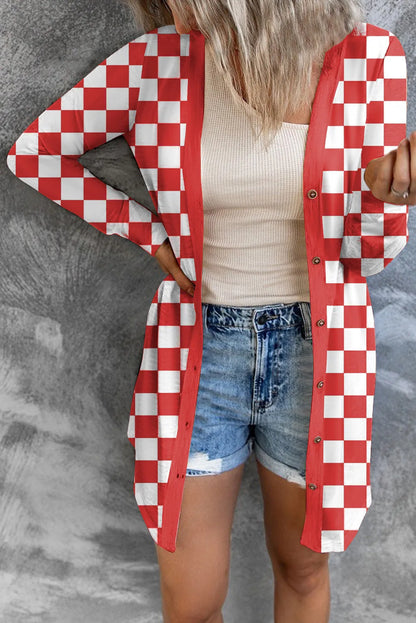 Women's long plaid knitted cardigan coat in polyester fabric with regular sleeves