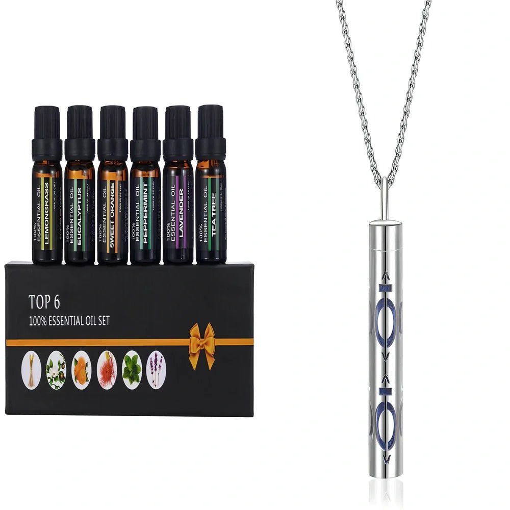 Six 10ml natural essential oil bottles in orange, lavender, tea tree, mint, eucalyptus, lemongrass for aromatherapy diffusers