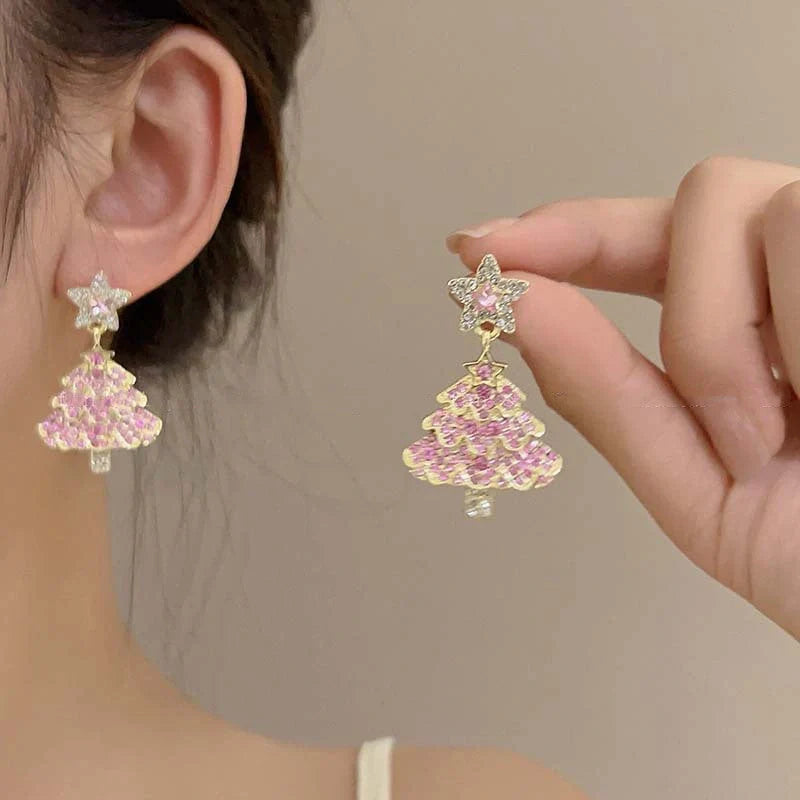 Elegant Christmas tree earrings with sparkling zircon for women, perfect for holiday parties.