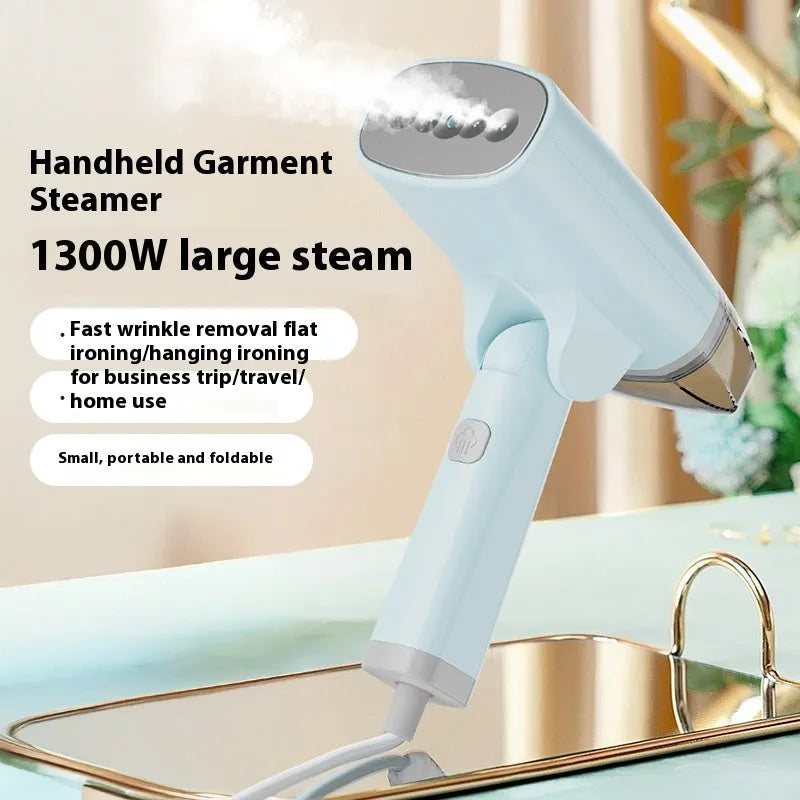 Blue handheld garment steamer with water tank, measuring 196mm long, on white background