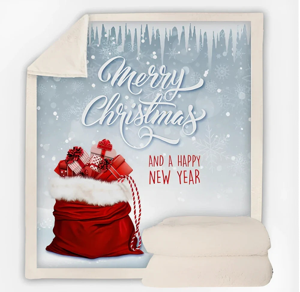 Christmas pattern coral fleece blanket on sofa showing HD printing detail and modern minimalist design