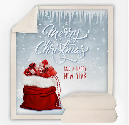 Christmas pattern coral fleece blanket on sofa showing HD printing detail and modern minimalist design