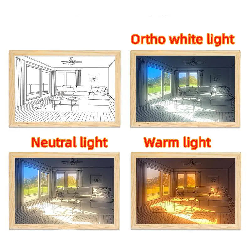 Illuminated acrylic LED decorative light painting showing a sunshine scene, with USB cable and button switch.