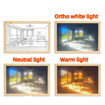 Illuminated acrylic LED decorative light painting showing a sunshine scene, with USB cable and button switch.