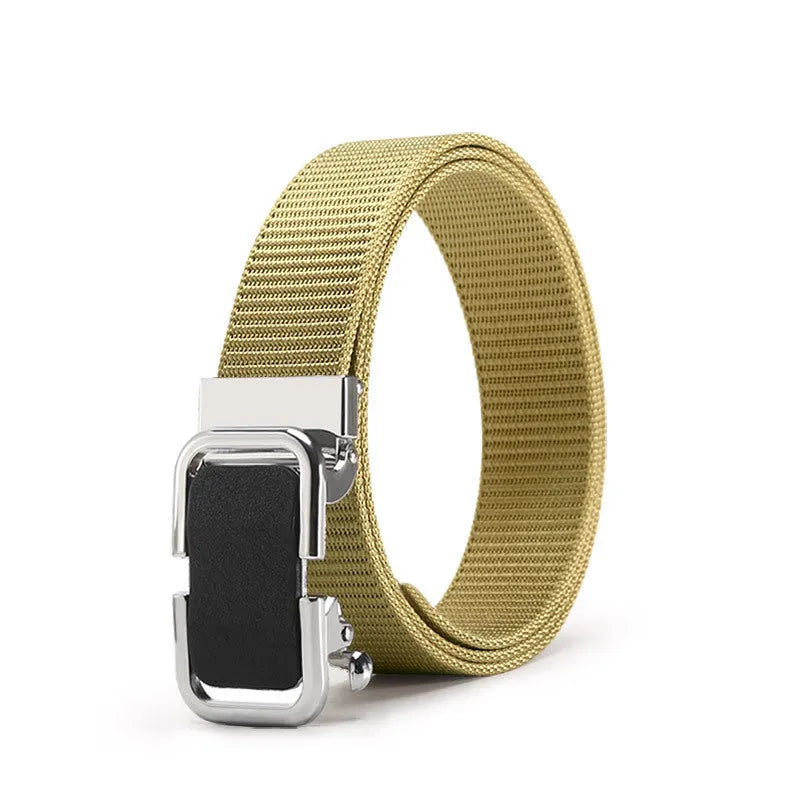 Men's toothless nylon canvas belt with an alloy buckle shown in Army Green colour, length 120cm.