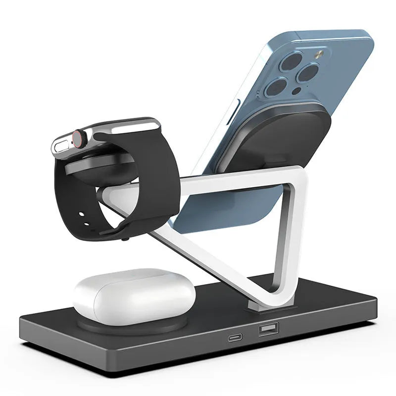 White five-in-one wireless charging night lamp with magnetic phone bracket and circular base.