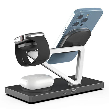 White five-in-one wireless charging night lamp with magnetic phone bracket and circular base.