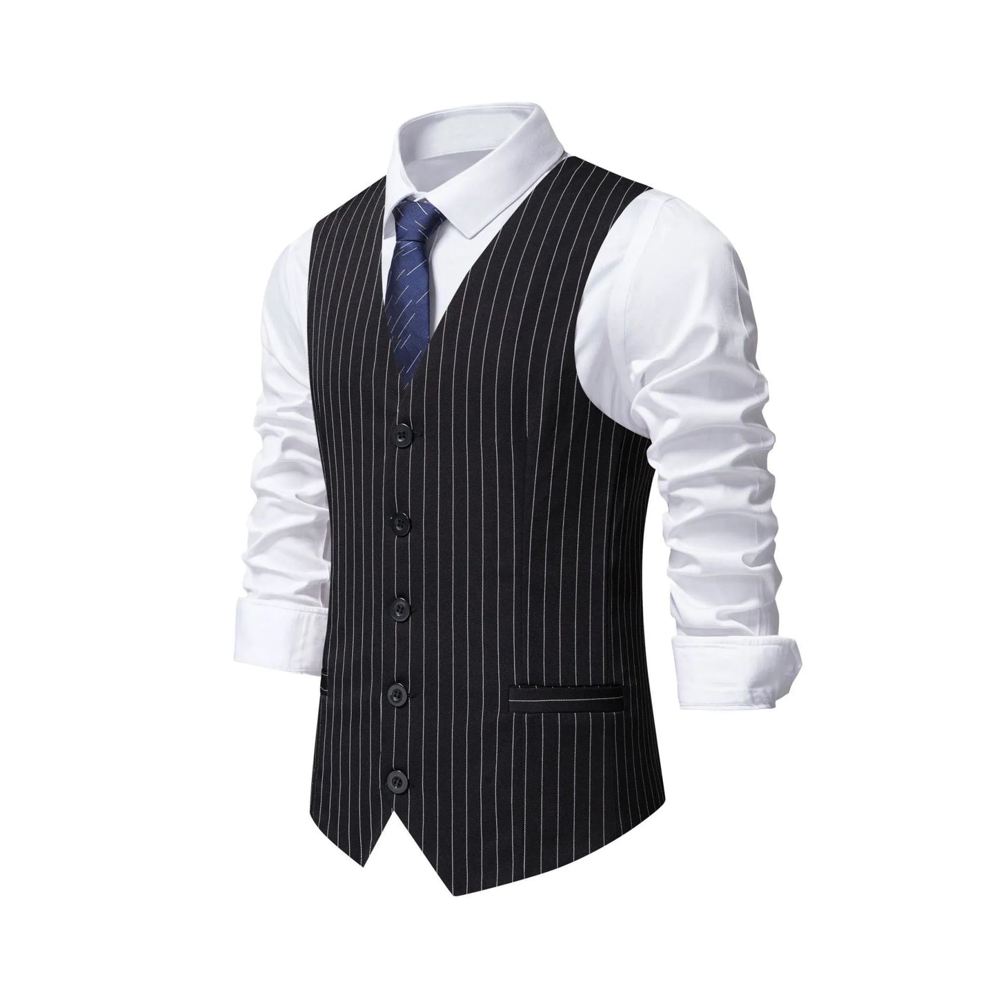 A man's striped suit vest with a non-ironing finish, shown in a red stripe pattern with a mitered hem.