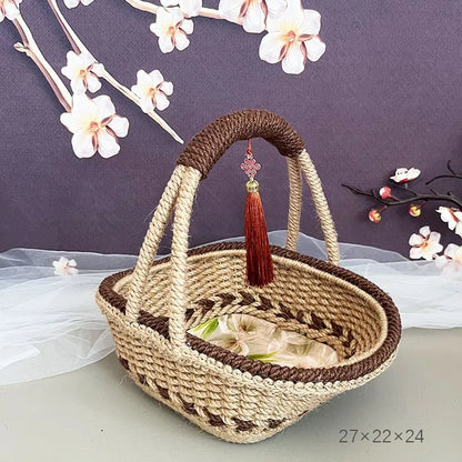 Hand-woven hemp rope basket in coffee brown, 19cm by 12cm, made from natural straw with rustic design