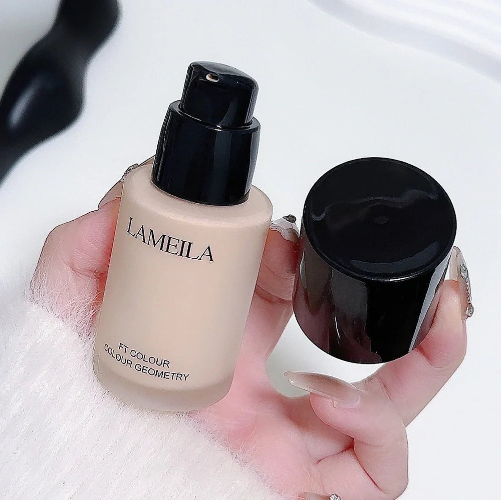Moisturising concealer foundation bottle showing liquid texture with four shade options for skin tone correction