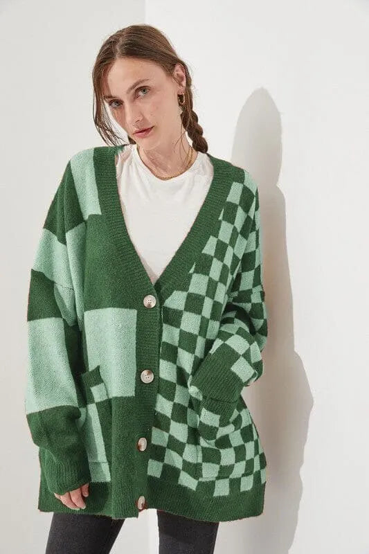 Loose fit knitwear cardigan with printed check pattern in wine red colour showing regular sleeves and slim styling