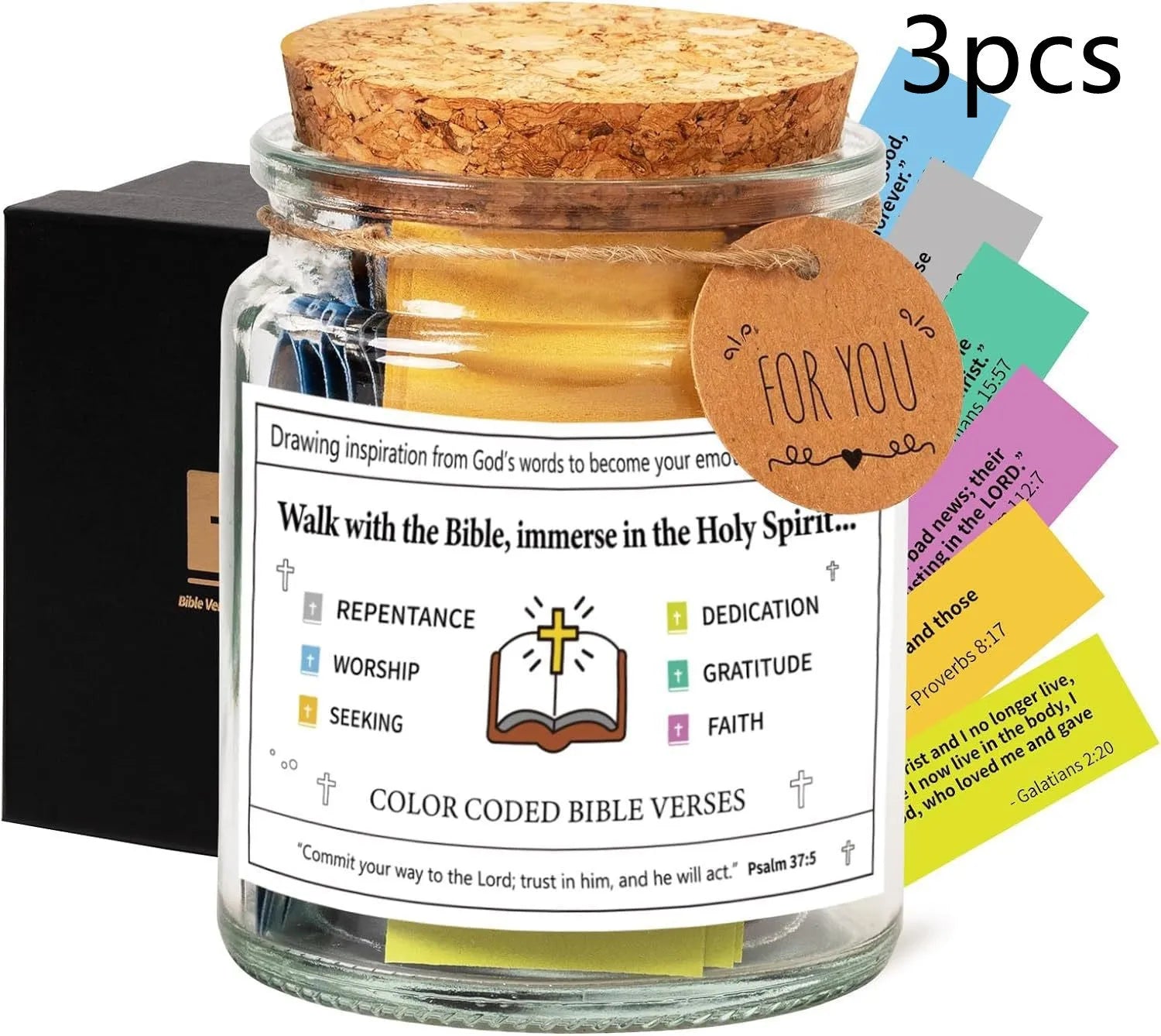 Glass Bible verses jar with cartoon design containing 90 rolled scripture papers in multiple colour options