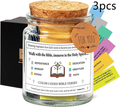 Glass Bible verses jar with cartoon design containing 90 rolled scripture papers in multiple colour options