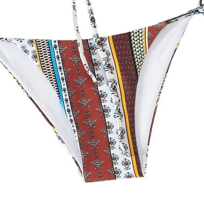 Women's mixed colour printed lace-up swimsuit with bra and pants set