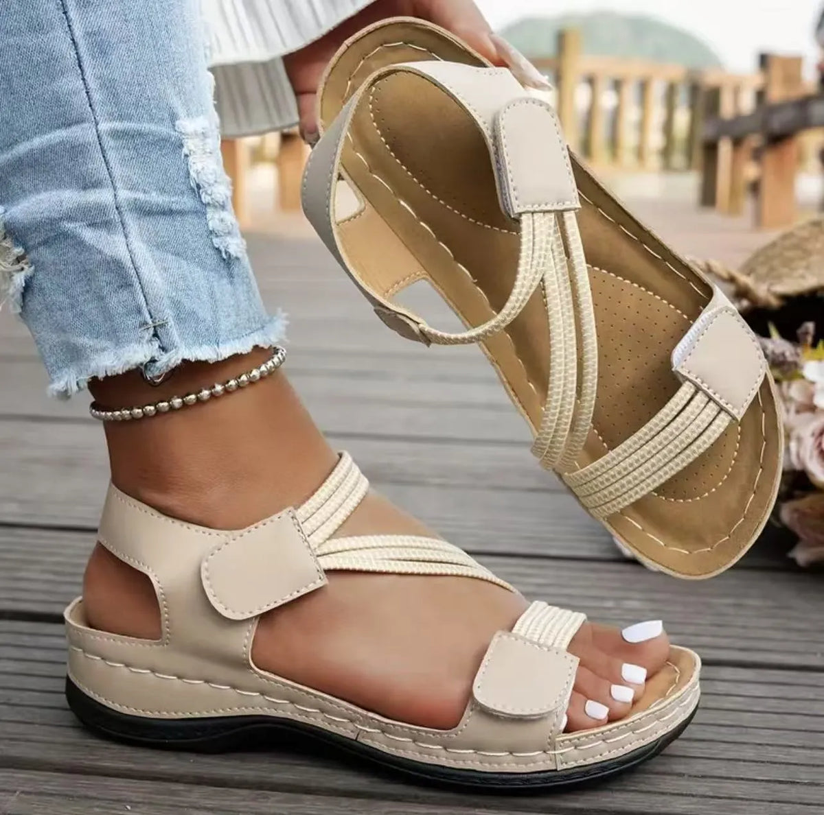 Women's Velcro sports sandals in black, blue, beige, white, or pink, PU upper and sole, sizes 36-43