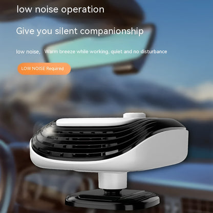 Compact white car heater with ventilation grilles measuring 5x11x13cm for 12V and 24V vehicle installation
