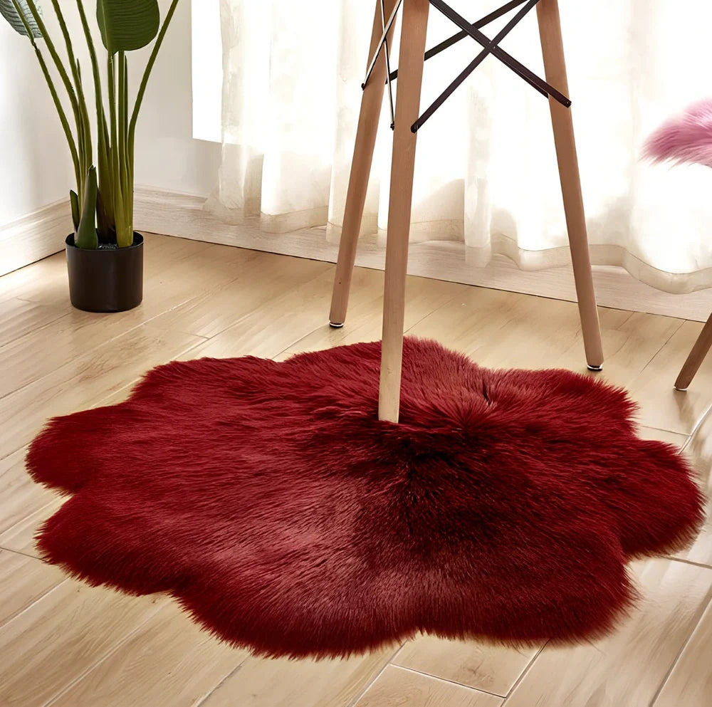 Artificial woolen carpet rug with floral sheepskin pattern in plush fabric, available in multiple sizes and colours