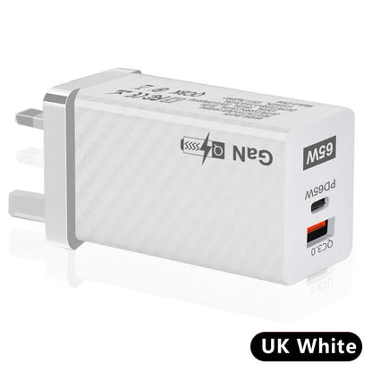 Compact white 65W Gallium Nitride USB-PD laptop charger with plug
