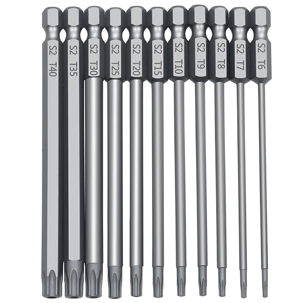 Hexagon handle alloy screwdriver bit set showing 50mm, 75mm, and 100mm lengths for Type 0 plum blossom hollow screws.