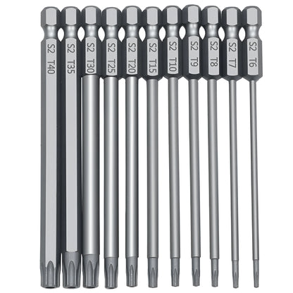 Hexagon handle alloy screwdriver bit set showing 50mm, 75mm, and 100mm lengths for Type 0 plum blossom hollow screws.