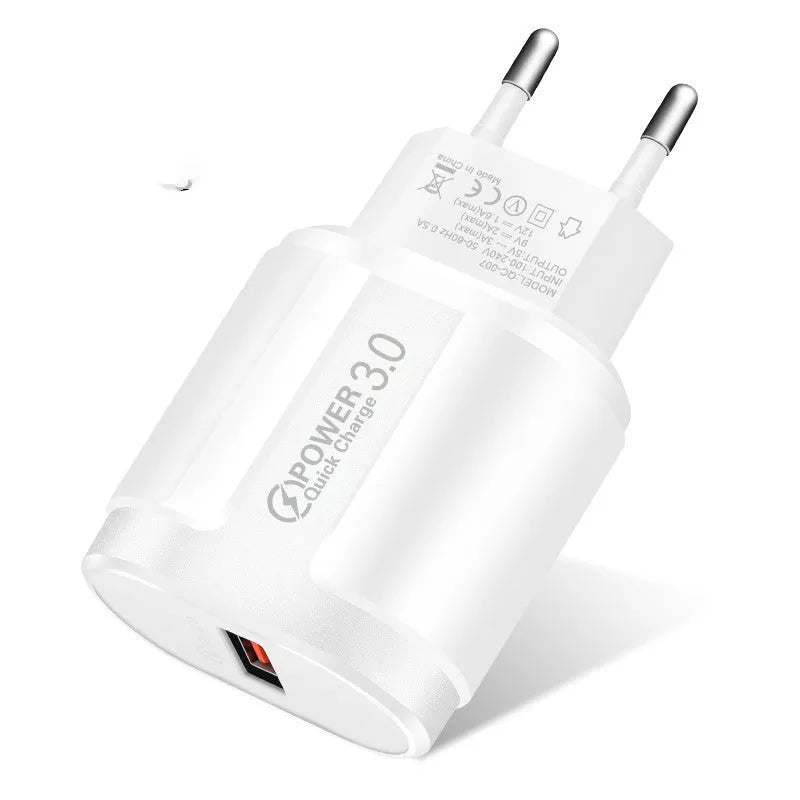 White and black USB mobile phone chargers with compact rectangular ABS plastic housings