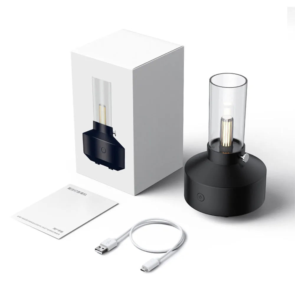 Retro 150ml ultrasonic humidifier aroma diffuser with candlelight night light, available in Black or White