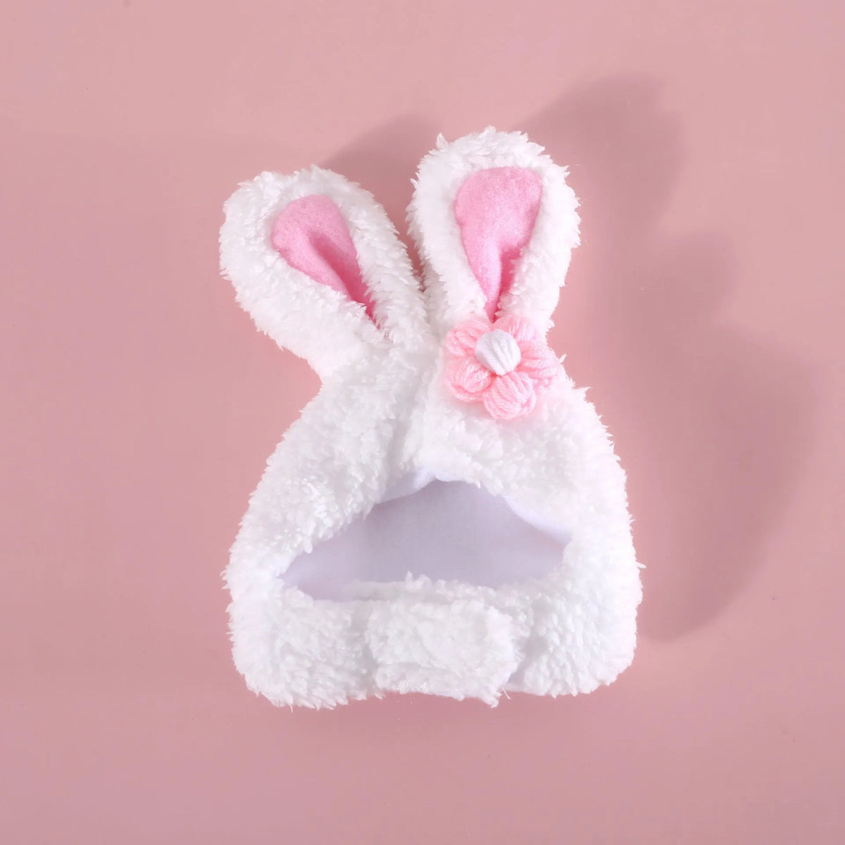 Plush cartoon rabbit ear pet hat in soft Polar Fleece, available in Carrot or Flower design, fits 28-35cm heads.