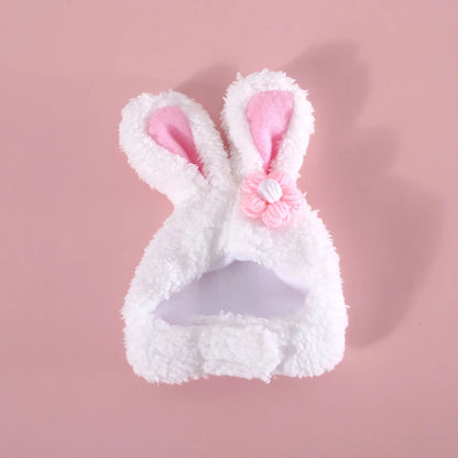 Plush cartoon rabbit ear pet hat in soft Polar Fleece, available in Carrot or Flower design, fits 28-35cm heads.