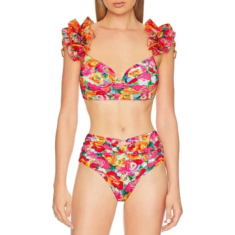 Women's floral push-up bikini set with high-waist briefs and split side design