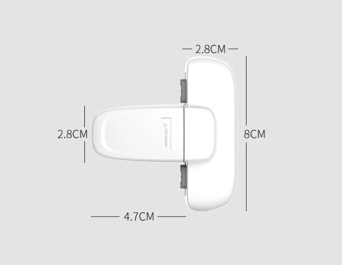 Refrigerator child safety lock in white and grey, featuring a T-type double button for adult one-handed operation